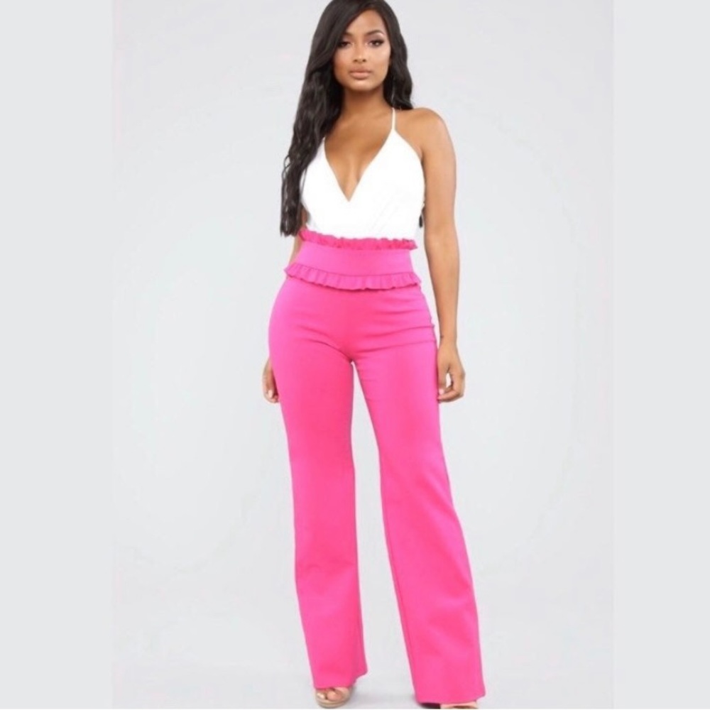 Hot pink cupcake slacks! Cute ruffle at top and bottoms are perfect for heels